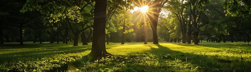 Wall Mural - a serene park scene with tall trees and lush green grass under a bright sun