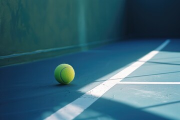 Wall Mural - A tennis ball resting on the green grass of a tennis court, ready for play