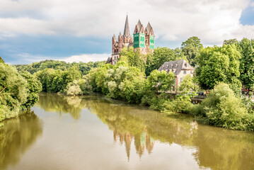 Wall Mural - View at the Lahn river with Cathedral of Saint Georges in Limburg an der Lahn, Germany