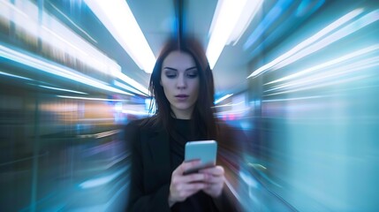 Aufkleber - Business woman smartphone at office with motion blur and communication fast pace and busy with technology and wifi Chat email and social media female and speed with movement and mobile : Generative AI