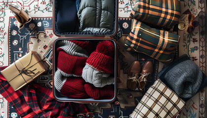 Wall Mural - Open suitcase with travelling accessories and winter clothes on