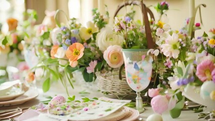 Wall Mural - Easter tablescape decoration, floral holiday table decor for family celebration, spring flowers, Easter eggs, Easter bunny and vintage dinnerware, English country and home styling idea