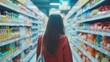 © Ludmila - Woman shopping in a grocery store aisle, surrounded by various products, alone. Captures a typical moment of selecting items for purchase.