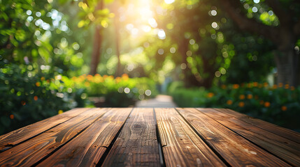 Wall Mural - Wood table top on blur abstract green from garden in the morning background.For montage product display or design key visual layout