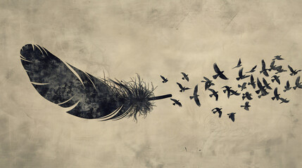 Wall Mural - Feather Turning Into Birds in Flight