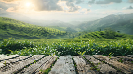 Wall Mural - Wooden table top on blur green tea mountain and grass field.Fresh and Relax concept.For montage product display or design key visual layout.View of copy space