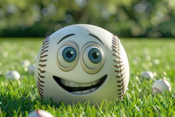 Wall Mural - A smiling baseball sitting on a lush green grass, ideal for various uses such as sports-related designs or creative projects