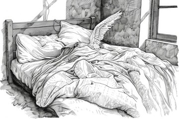 Wall Mural - A bed with an angel wing attached, perfect for creative projects about faith and spirituality