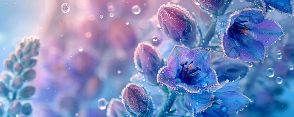 Wall Mural - abstract background with frozen blue and purple larkspur delphinium flowers in ice