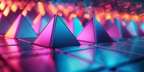 Canvas Print - Neon Modern Surface with Tetrahedrons. Illuminated,