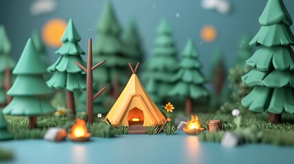 Whimsical camping scene with a lit campfire and tent surrounded by cartoonish trees in a tranquil nighttime forest setting. 3D Illustration.