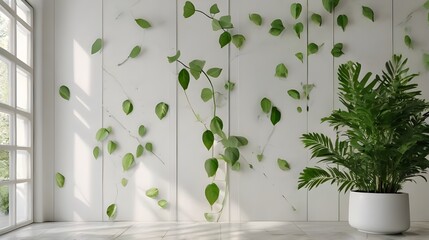 Wall Mural - A serene and stylish minimalistic background featuring vibrant green leaves arranged in a simple pattern against a clean, empty white wall, embodying a fresh and modern aesthetic.  Generative AI 