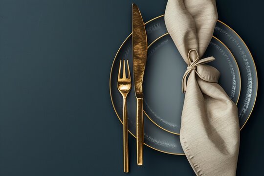Festive place setting with beige napkin. Empty plates and gold cutlery background. Top view. Dining table in luxury restaurant. Card or menu template, flat design. Generative ai