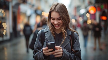 young woman smiling and looking at her phone while walking through a bustling city street on a rainy