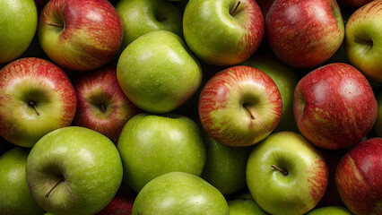 Ripe fragrant red and green apples background, closeup with top view. Concept of fresh fruits, harvesting