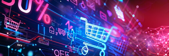 Poster - Abstract background with digital shopping carts, product icons and 50% off text. Generative AI