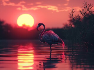 Wall Mural - Flamingo silhouette with sunset lake