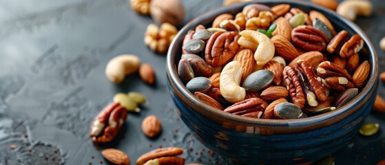 Bowl of colorful mixed nuts, healthy snack option