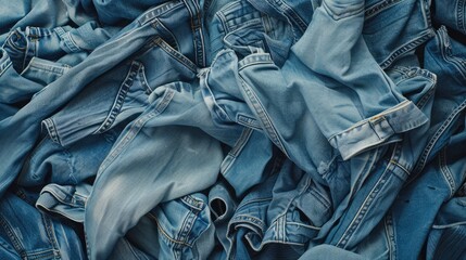 Wall Mural - Blue denim jeans arranged in a pile on a white backdrop