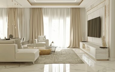 Wall Mural - A sleek, modern living room with neutral tones, featuring elegant furniture and decor. A blend of warmth and sophistication.