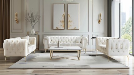 Wall Mural - A chic and stylish living room with white tufted sofas, abstract paintings, and modern decor in a bright and airy space.