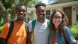 © Stone Story - Three smiling friends standing together outdoors with backpacks, embracing friendship and happiness in a sunny residential neighborhood.