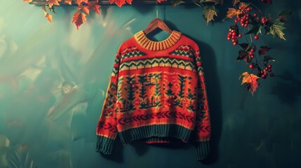 A sweater hanging on a wall next to leaves