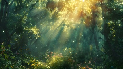 Wall Mural - sun rays through the forest