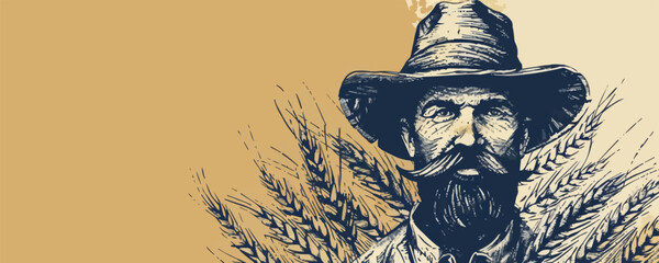 a man with a hat and beard is standing in front of a field of wheat