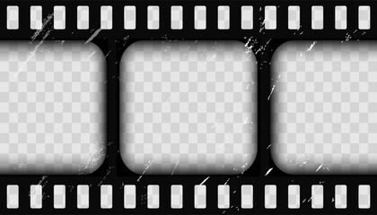 Poster - Old cinematic frame, video film strip. Retro vintage tape empty template with slide. Tape border, grunge textured silhuette. Video photo reel on transparent background 