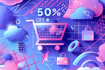Aufkleber - An abstract background featuring a pink shopping cart filled with products, surrounded by digital elements like clouds, Wi-Fi signals, and a bold 50% OFF text. Generative AI