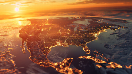 Abstract view of the continent of America against the backdrop of a beautiful sunset.