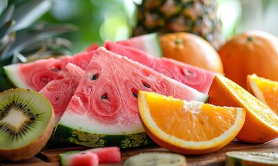 Slices of watermelon with oranges and pineapple on table