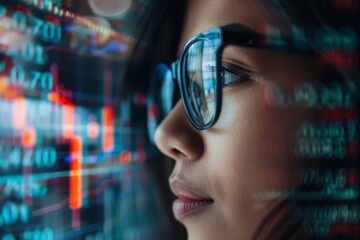 a young girl hacker developer coder wears eyeglasses reflecting codes, numbers and data, working on computer , close up on glasses, cyber security concept dark background