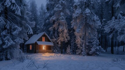 Wall Mural - A cabin in the middle of a snowy forest