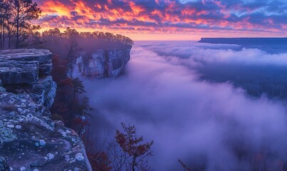 Wall Mural - Fog envelopes the Little River Canyon National Preserve at sunrise from a high sandstone cliff, Fort Payne, Alabama. Panorama.