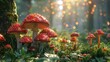 © ardanz - Red mushrooms with white spots in a magical forest ambiance with bokeh lights.