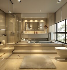 Wall Mural - Modern bathroom interior with bathtub, shower and large windows