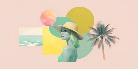 Wall Mural - Collage woman sammer Banner collage texture  photo  fonts pastel toneselements  summer woman generated AI Letter, opening