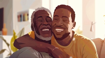 Wall Mural - Cheerful African American man hugs his grown father and looks at the camera at home. Vector illustration