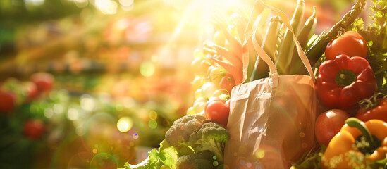 paper bag filled groceries healthy food fruit and vegetables in at the supermarket