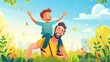 © chutikan - Portrait of happy father riding behind son and looking up, Vector Cartoon illustration...