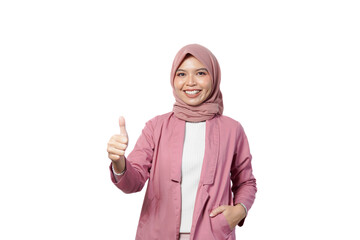 Wall Mural - Portrait of smiling confident asian business designer woman pink suit office