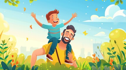 Portrait of happy father riding behind son and looking up, Vector Cartoon illustration...