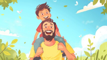 Wall Mural - Portrait of happy father riding behind son and looking up, Vector Cartoon illustration...