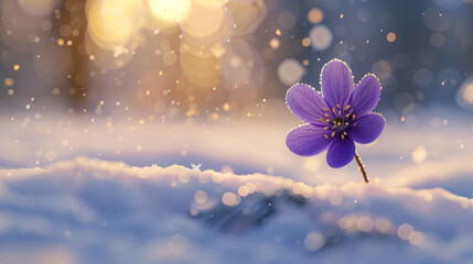 Wall Mural - a single purple hepatica flower, delicate and vibrant, emerging from a snow-covered ground