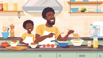 Wall Mural - Happy African American father and little son smiling and laughing while cooking in the kitchen. Black family having fun baking at home