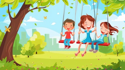 Wall Mural - Mother and child having fun playing on the swing in the park. Vector illustration