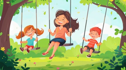 Wall Mural - Mother and child having fun playing on the swing in the park. Vector illustration