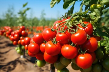 Ripe red tomatoes on vines in a sunny field, showcasing fresh produce ready for harvest.